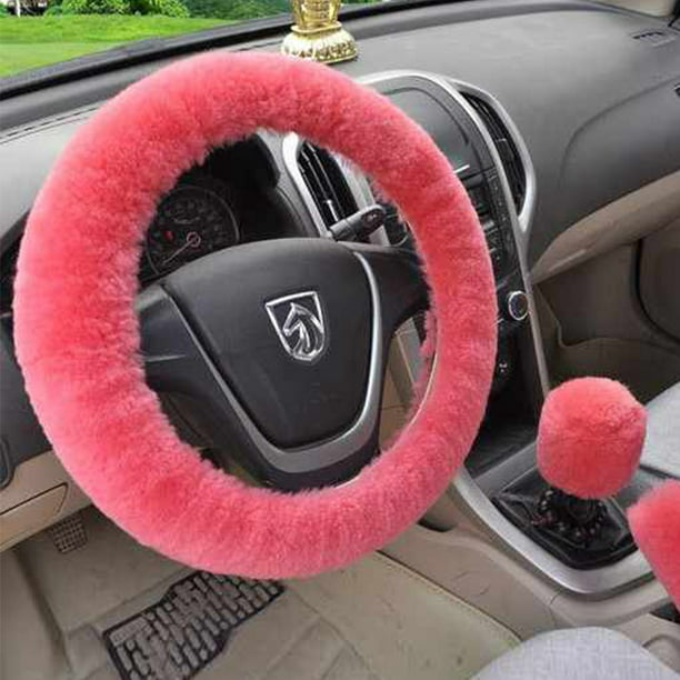 3pcs Pink Auto Car Steering Wheel Cover Warm Soft Case Plush Winter Car Decor